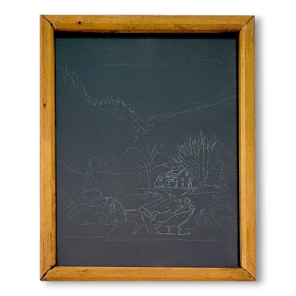 Mabel Washburn Winter Sleigh Sketch | Black Paper Pastel, Framed Canadian Art
